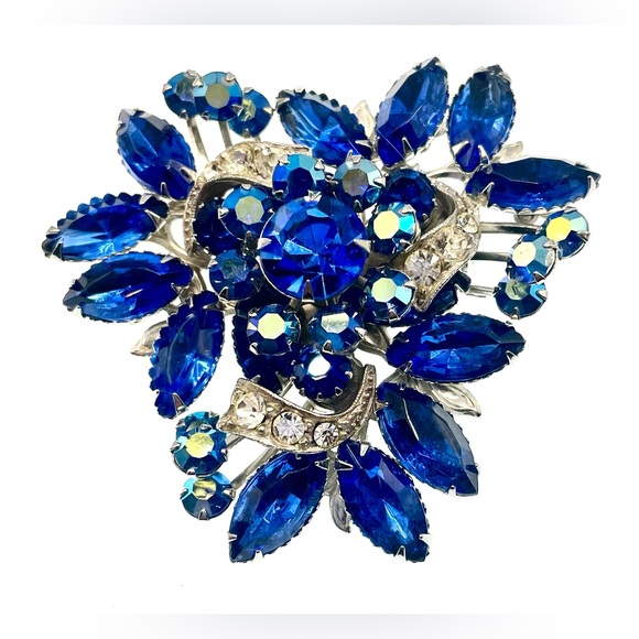 Vintage 1960s Silver Tone Blue Faceted Crystal Brooch Pin Aurora Borealis MCM - Picture 6 of 7
